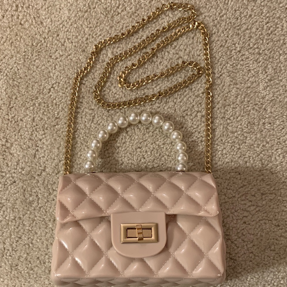 Mauve Quilted Jelly Plastic Small Purse w/ Gold Metal Chain & Faux Pearl Handle